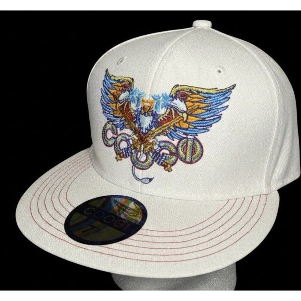 Vintage Retro Coogi Brand White Fitted Cap Hat Eagle Mens Size 7 1/2